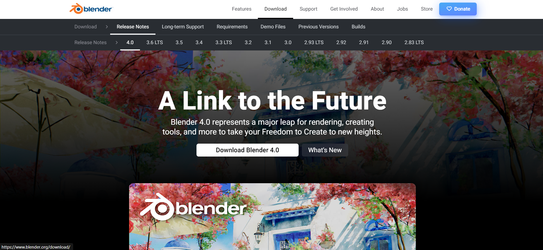 Главный экран сайта Blender 4.0