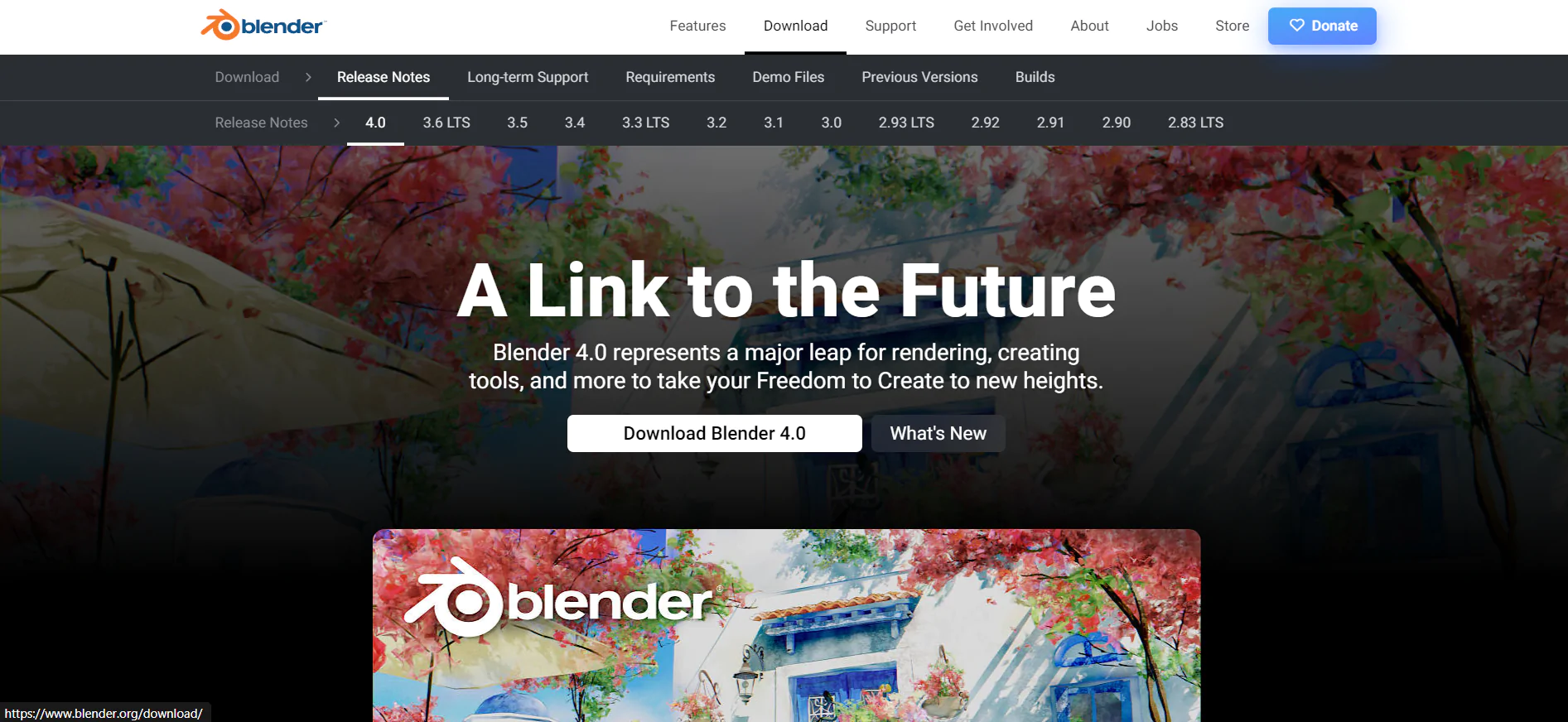 Главный экран сайта Blender 4.0