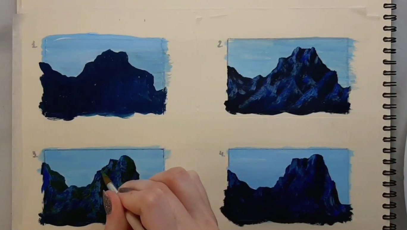 Четвертый этап рисования гор - усиление светлых участков