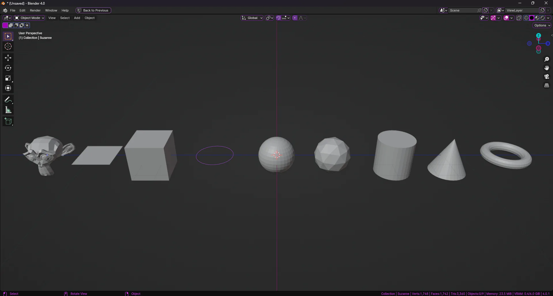 Monkey (Обезьянка Сюзанна)Plane (Плоскость)Cube (Куб)Circle (Окружность)UV Sphere (ЮВ Сфера из квадратов, но с веером треугольников на полюсах)Ico Sphere (Топологически правильная сфера из треугольников)Cylinder (Цилиндр)Cone (Конус)Torus ("Пончик")
