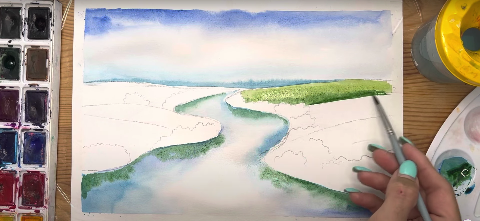 Как нарисовать реку карандашом и акварелью начинающим. Рисунок поэтапно и легко